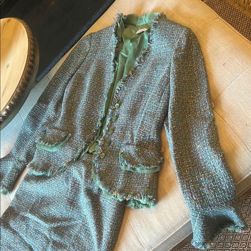Lillie Rubin Teal Tweed Two Piece Skirt Blazer Set Size 2 - Picture 7 of 15